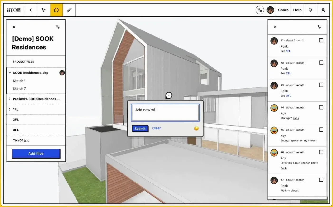 A house model open in HTCH, with numbered comment pins in the view and the thread of comments listed beside it